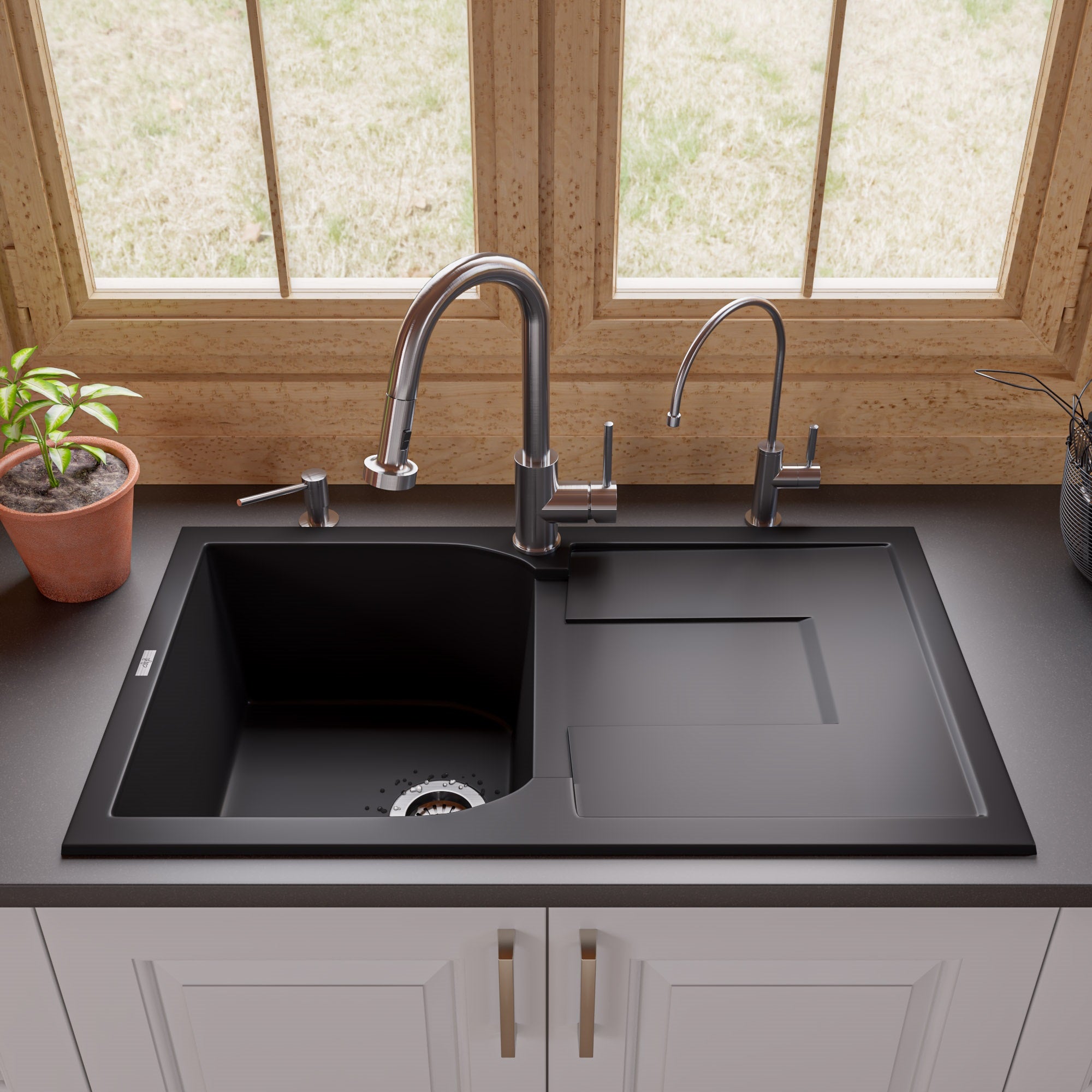 ALFI 34" Single Bowl Granite Composite Kitchen Sink with Drainboard, Black, AB1620DI-BLA