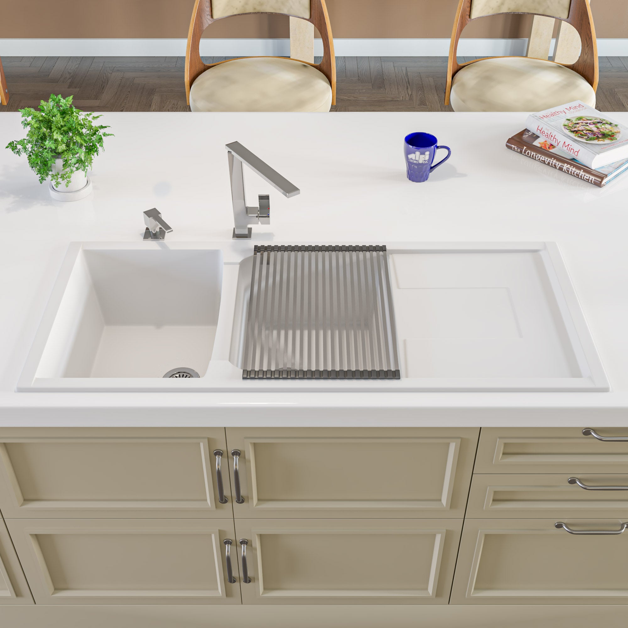 ALFI 46" Double Bowl Granite Composite Kitchen Sink with Drainboard, White, AB4620DI-W