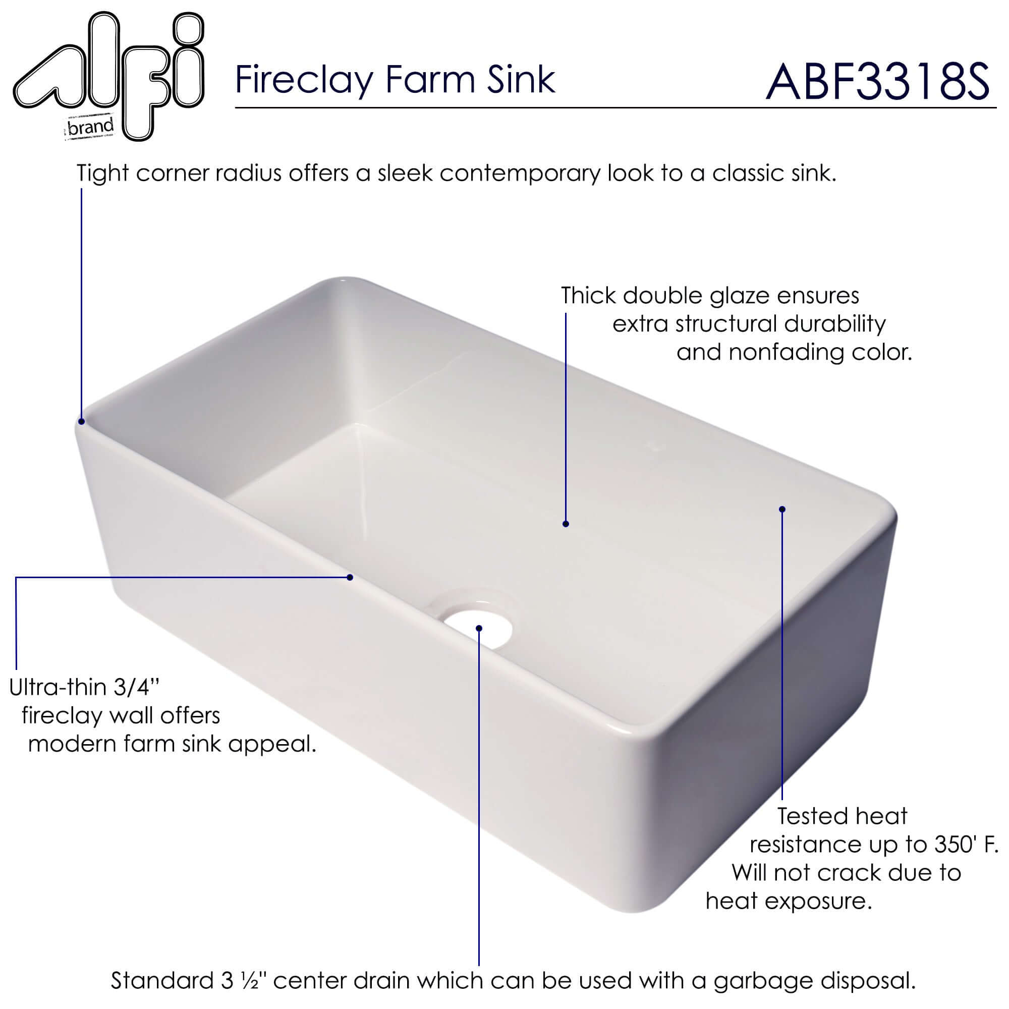 Alternate Image for ALFI brand 33" Fireclay Farmhouse Sink, White, ABF3318S-W