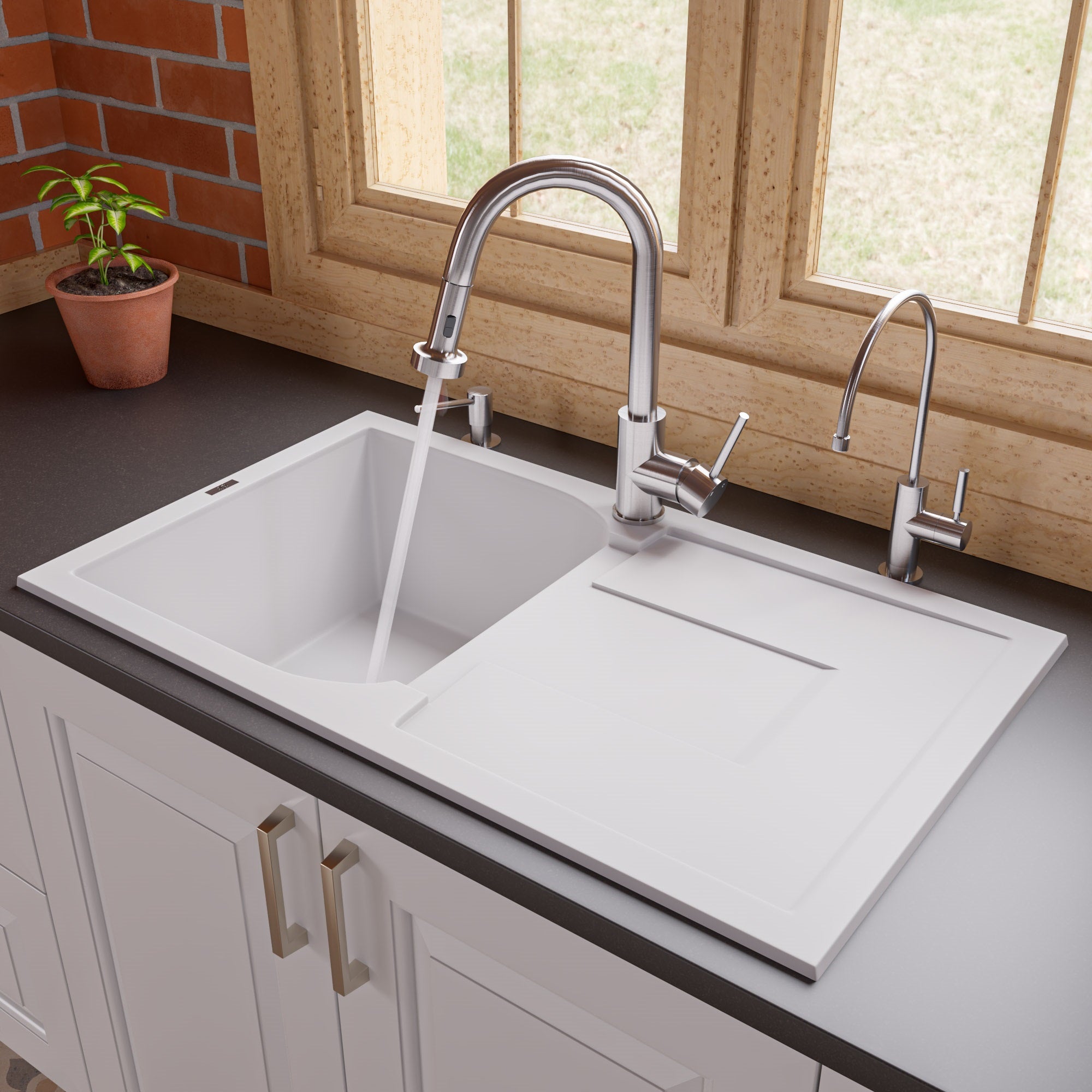 ALFI 34 Single Bowl Granite Composite Kitchen Sink with Drainboard, White,  AB1620DI-W