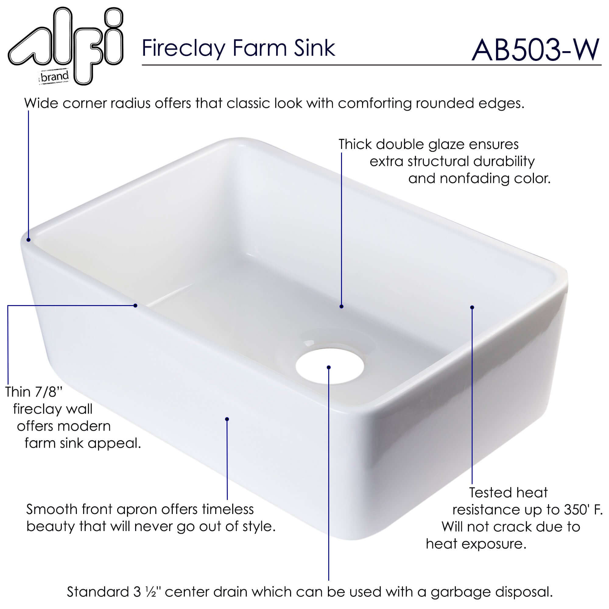 Alternate Image for ALFI 23" Fireclay Smooth Apron Single Bowl Farmhouse Apron Sink, White, AB503-W