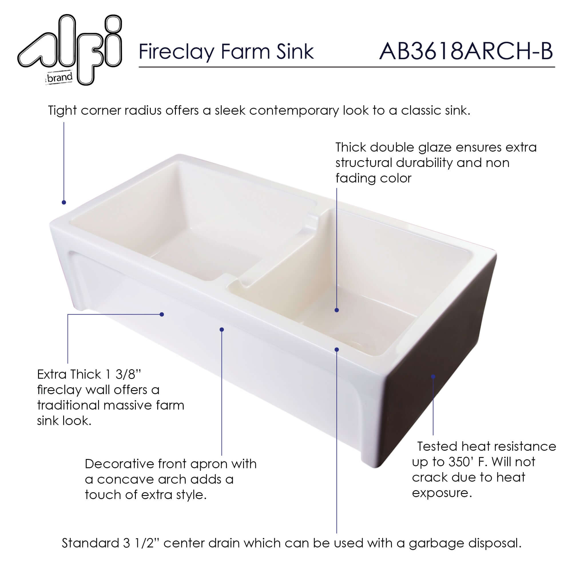 Alternate Image for ALFI 36" Arched Double Bowl Thick Wall Fireclay Farmhouse Sink, Biscuit, AB3618ARCH-B