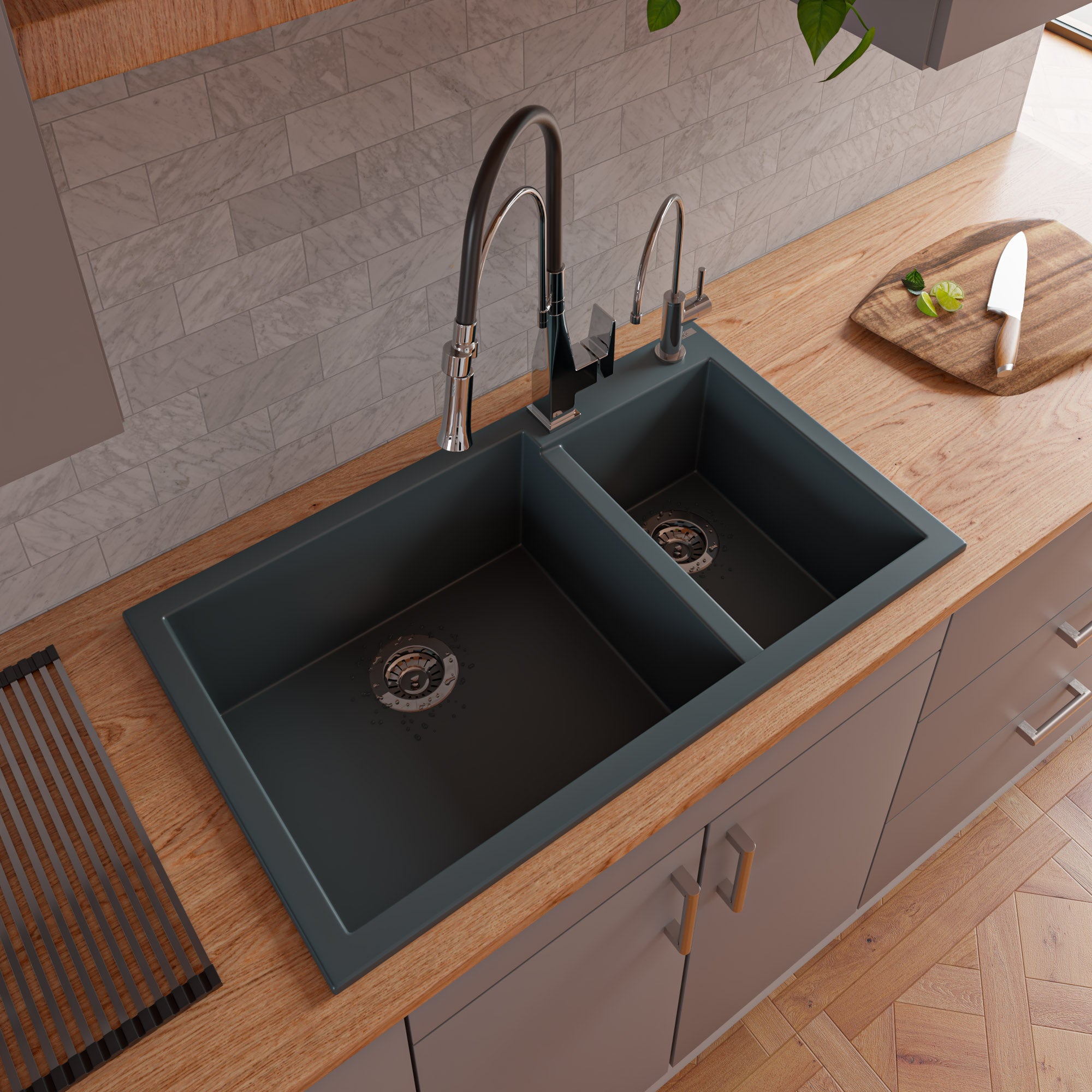 Alternate Image for ALFI brand AB3319DI-T Titanium 34" Double Bowl Drop In Granite Composite Kitchen Sink