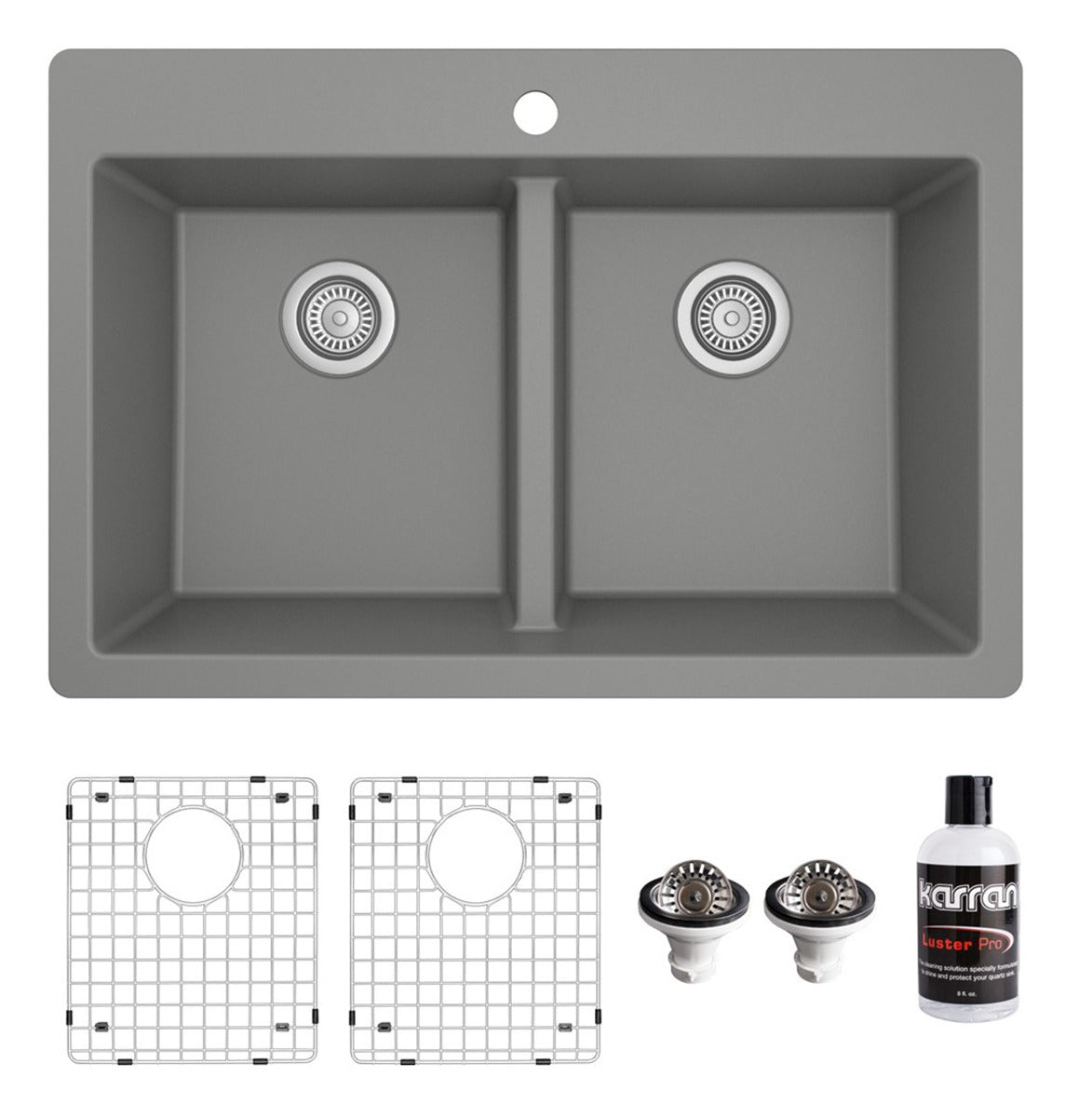 Karran 33" Drop In/Topmount Quartz Composite Kitchen Sink Kit, 50/50 Double Bowl, Grey, QT-810-GR-PK1