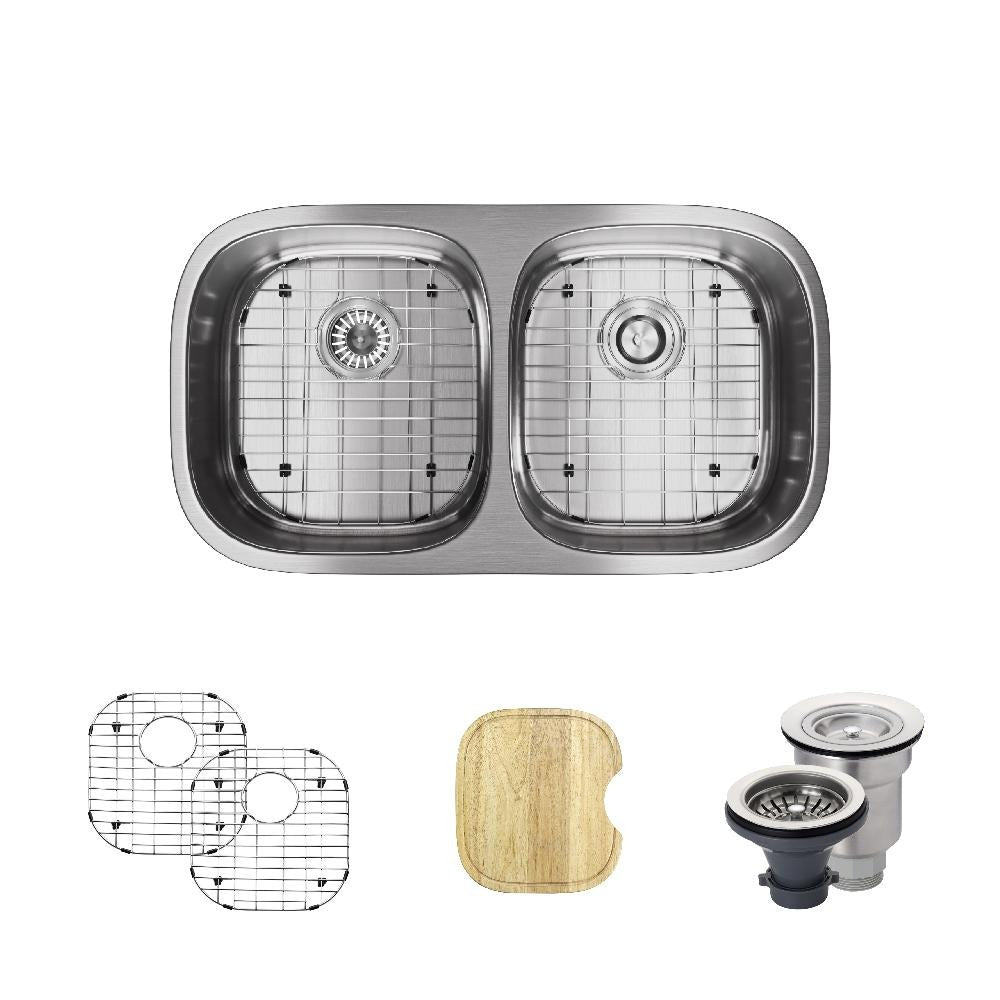 Rene 33" Stainless Steel Kitchen Sink, 50/50 Double Bowl, 16 Gauge, R1-1003-16