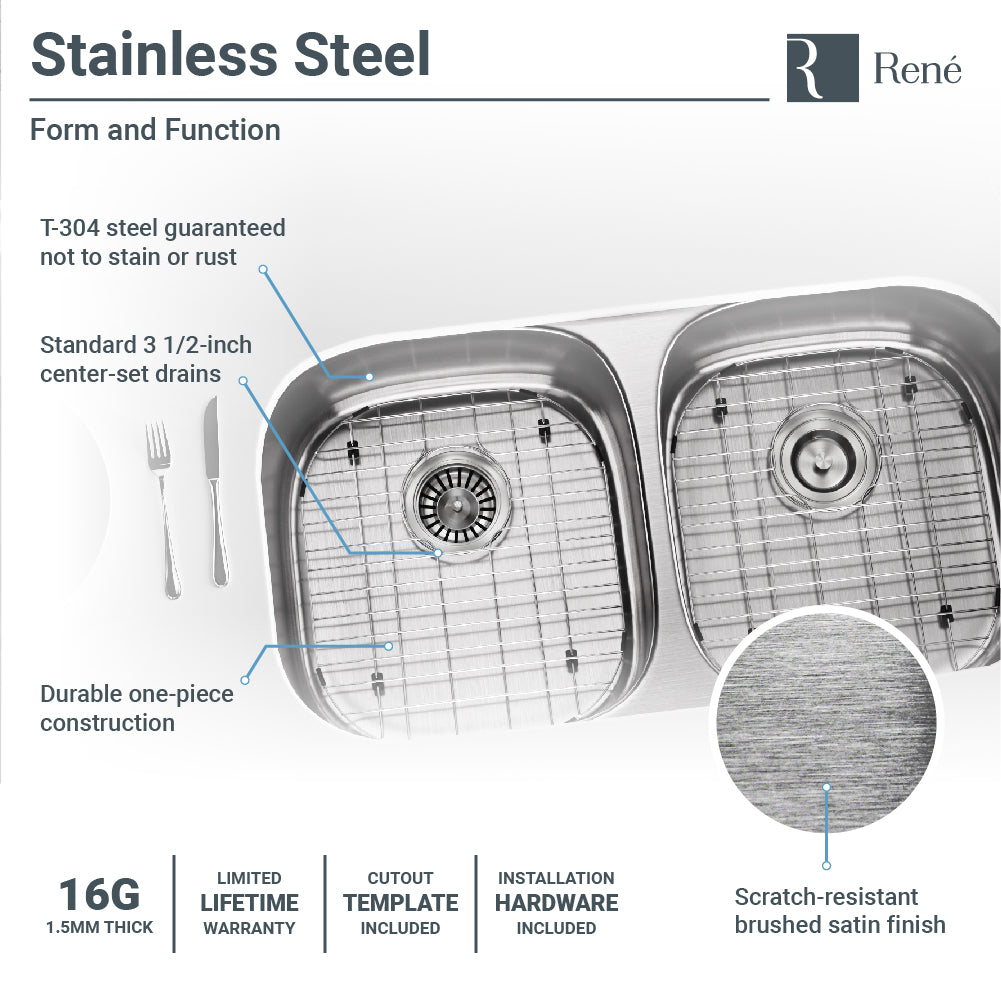 Rene 33" Stainless Steel Kitchen Sink, 50/50 Double Bowl, 16 Gauge, R1-1003-16 - The Sink Boutique