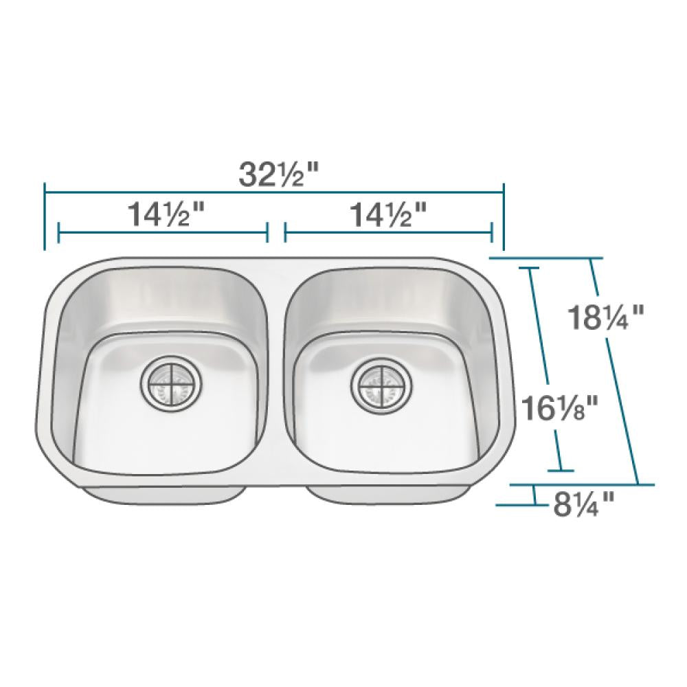 Alternate Image for Rene 33" Stainless Steel Kitchen Sink, 50/50 Double Bowl, 16 Gauge, R1-1003-16