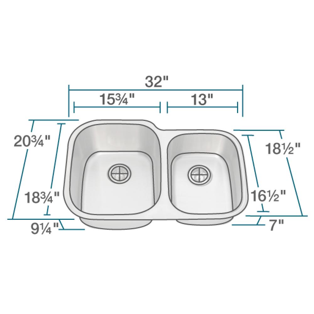 Alternate Image for Rene 32" Stainless Steel Kitchen Sink, 55/45 Double Bowl, 18 Gauge, R1-1004L-18