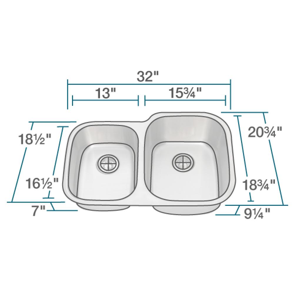Alternate Image for Rene 32" Stainless Steel Kitchen Sink, 45/55 Double Bowl, 18 Gauge, R1-1004R-18