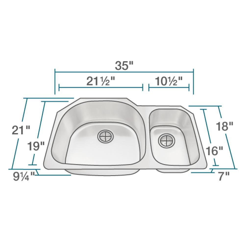 Alternate Image for Rene 35" Stainless Steel Kitchen Sink, 70/30 Double Bowl, 18 Gauge, R1-1007L-18