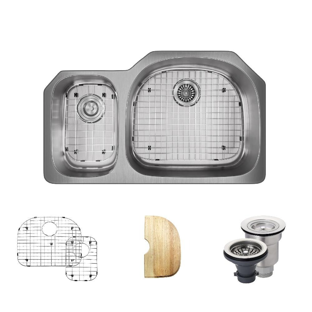 Rene 35" Stainless Steel Kitchen Sink, 30/70 Double Bowl, 18 Gauge, R1-1007R-18