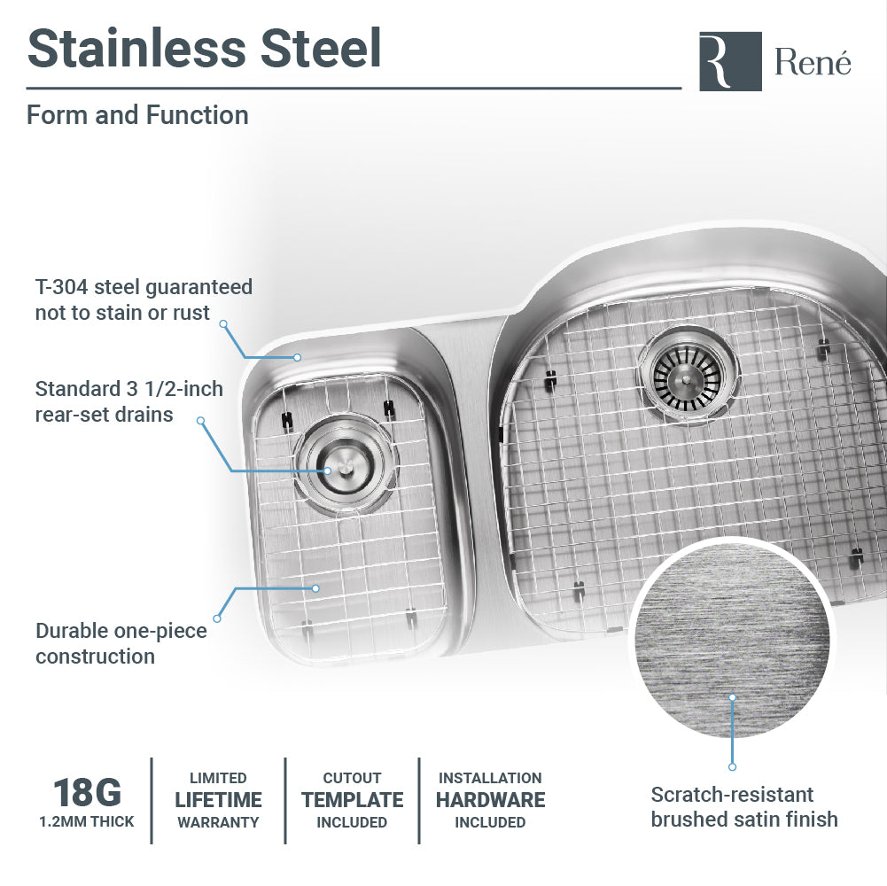 Rene 35" Stainless Steel Kitchen Sink, 30/70 Double Bowl, 18 Gauge, R1-1007R-18 - The Sink Boutique