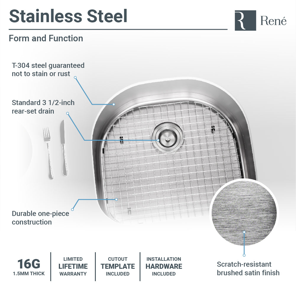 Rene 24" Stainless Steel Kitchen Sink, 16 Gauge, R1-1020-16 - The Sink Boutique