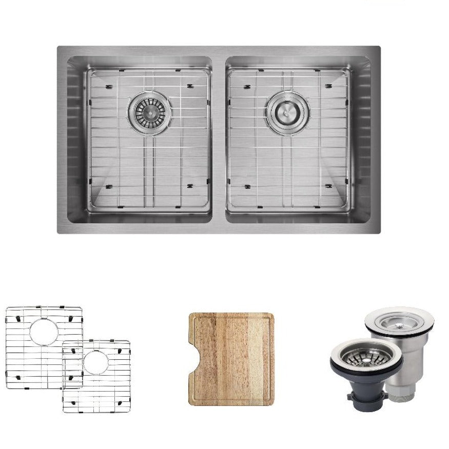 Rene 31" Stainless Steel Kitchen Sink, 50/50 Double Bowl, 16 Gauge, R1-1022D-16