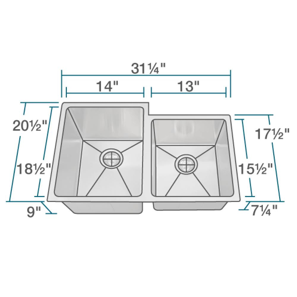 Alternate Image for Rene 31" Stainless Steel Kitchen Sink, 55/45 Double Bowl, 16 Gauge, R1-1022L-16