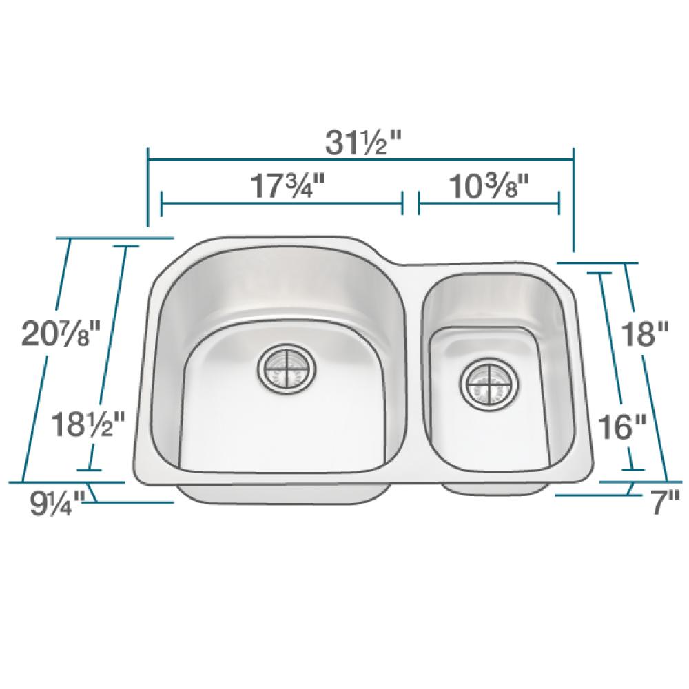 Alternate Image for Rene 32" Stainless Steel Kitchen Sink, 65/35 Double Bowl, 16 Gauge, R1-1023L-16