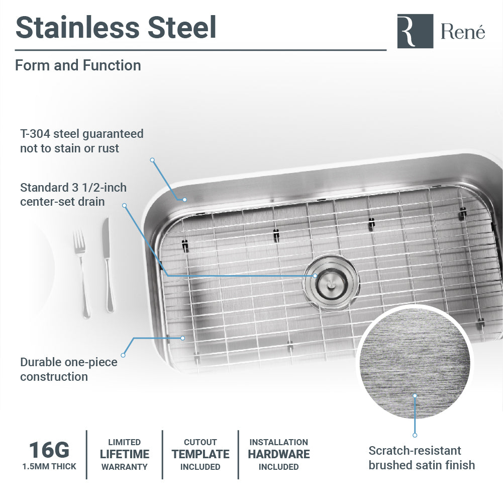 Rene 32" Stainless Steel Kitchen Sink, 16 Gauge, R1-1024C-16 - The Sink Boutique