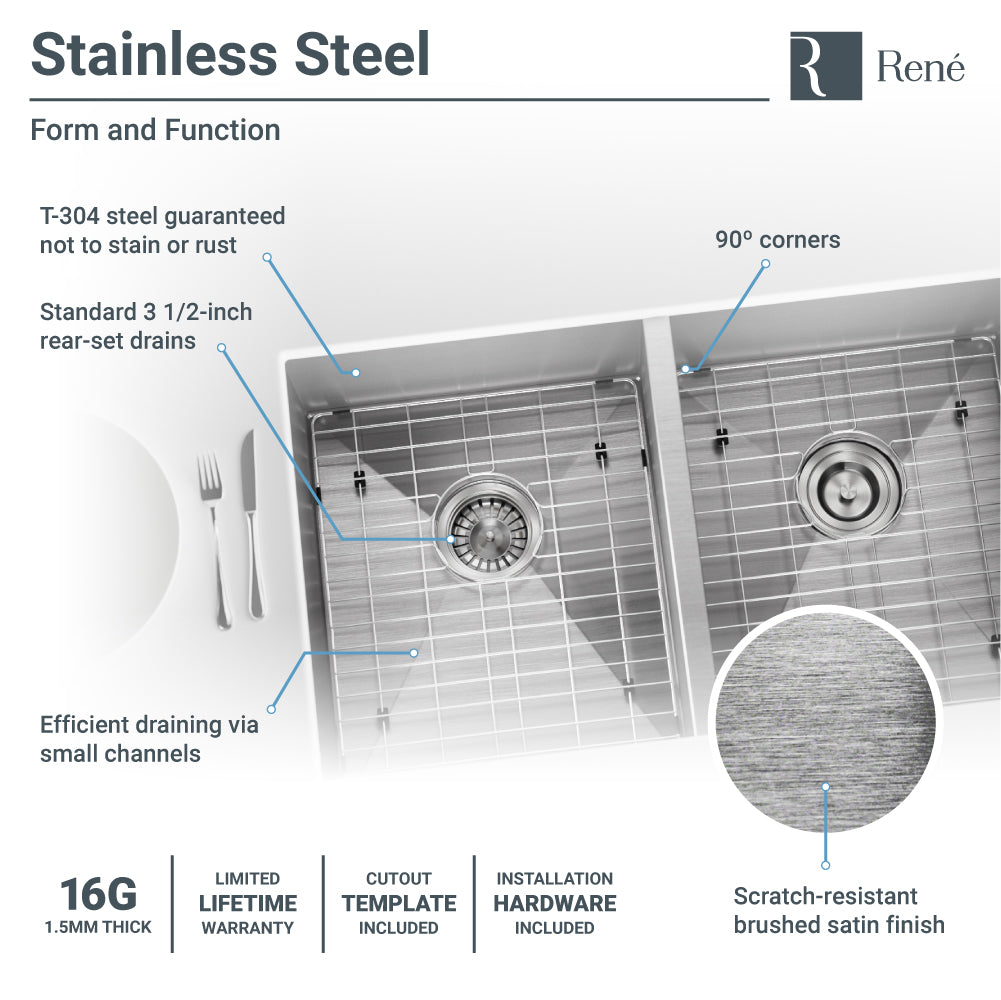 Rene 32" Stainless Steel Kitchen Sink, 50/50 Double Bowl, 16 Gauge, R1-1026D-16 - The Sink Boutique