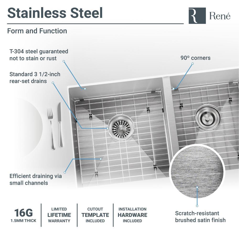 Rene 32" Stainless Steel Kitchen Sink, 55/45 Double Bowl, 16 Gauge, R1-1026L-16 - The Sink Boutique