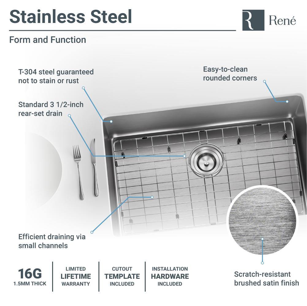 Rene 28" Stainless Steel Kitchen Sink, 16 Gauge, R1-1035S-16 - The Sink Boutique