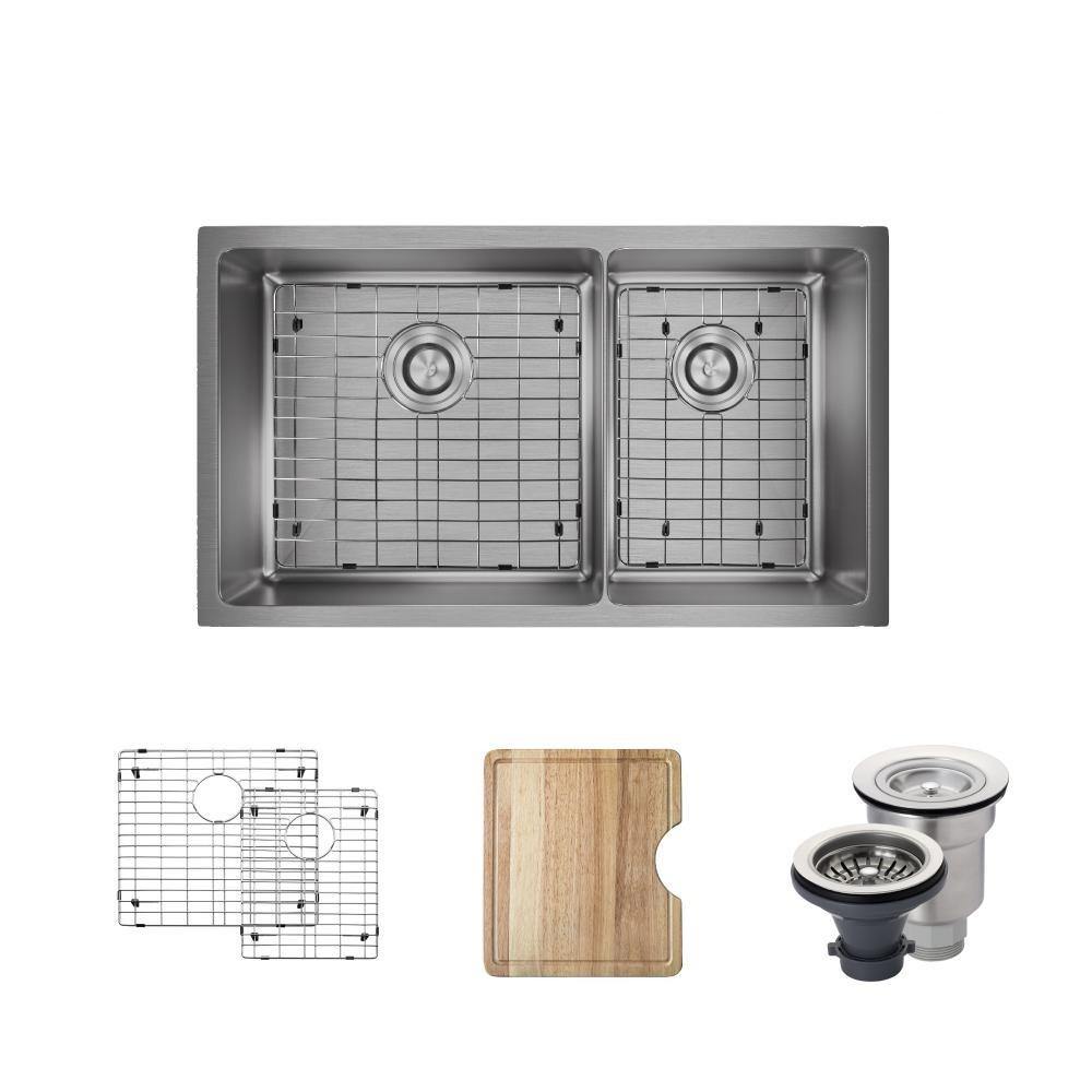 Rene 31" Stainless Steel Kitchen Sink, 60/40 Double Bowl, 18 Gauge, R1-1037L-18