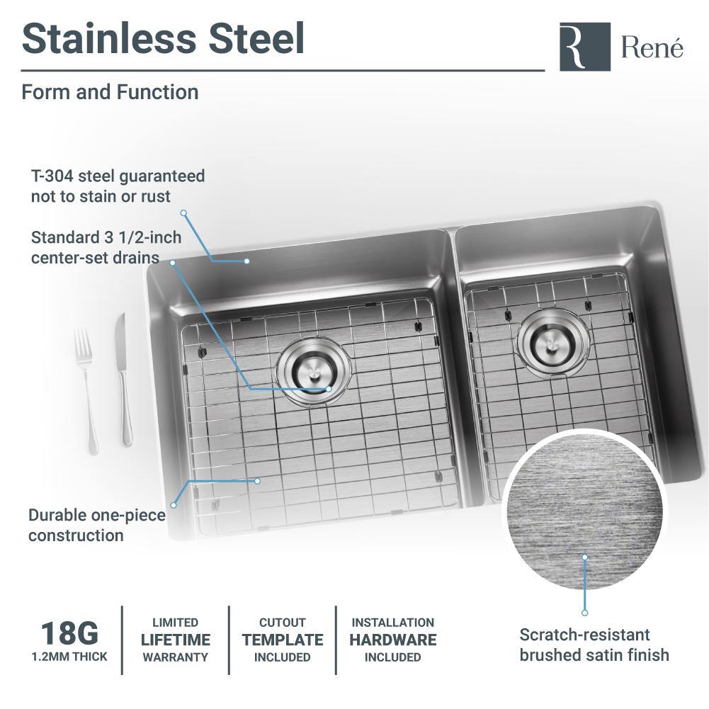 Rene 31" Stainless Steel Kitchen Sink, 60/40 Double Bowl, 18 Gauge, R1-1037L-18 - The Sink Boutique