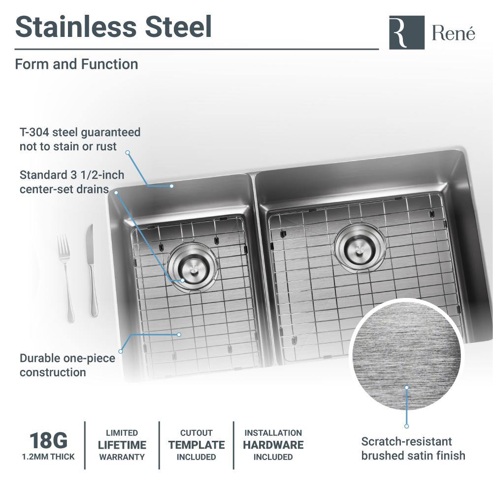Rene 31" Stainless Steel Kitchen Sink, 40/60 Double Bowl, 18 Gauge, R1-1037R-18 - The Sink Boutique