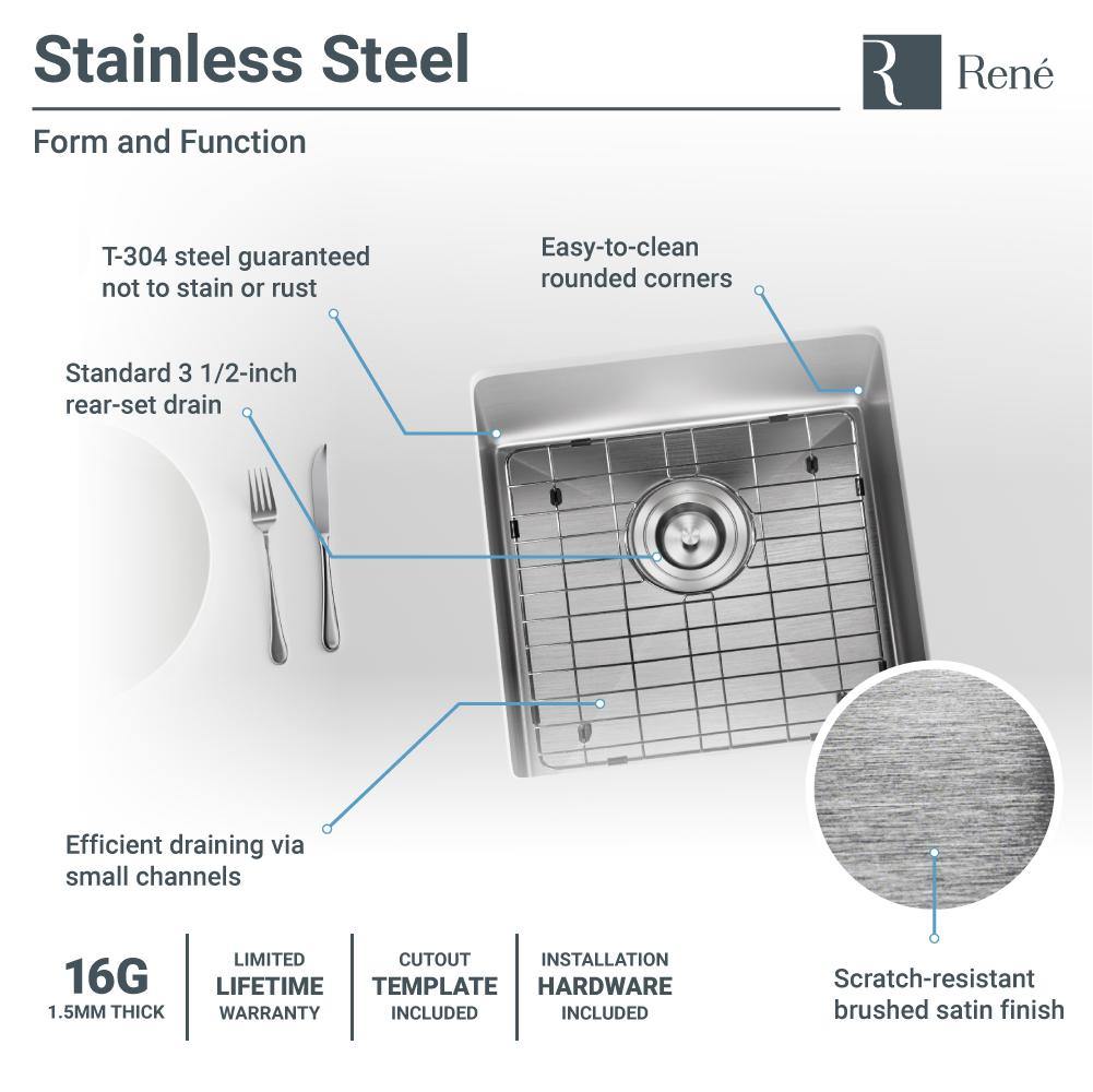 Alternate Image for Rene 17" Stainless Steel Kitchen Sink, 16 Gauge, R1-1038-16