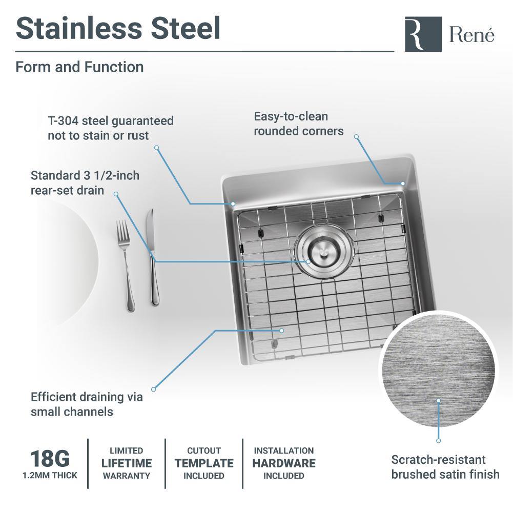 Alternate Image for Rene 17" Stainless Steel Kitchen Sink, 18 Gauge, R1-1038-18