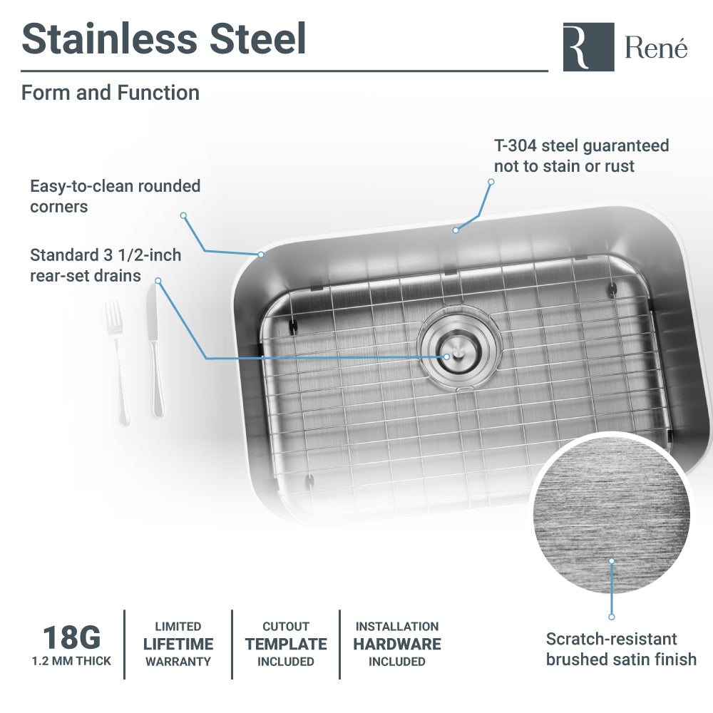 Alternate Image for Rene 27" Stainless Steel Kitchen Sink, 18 Gauge, R1-1039-18