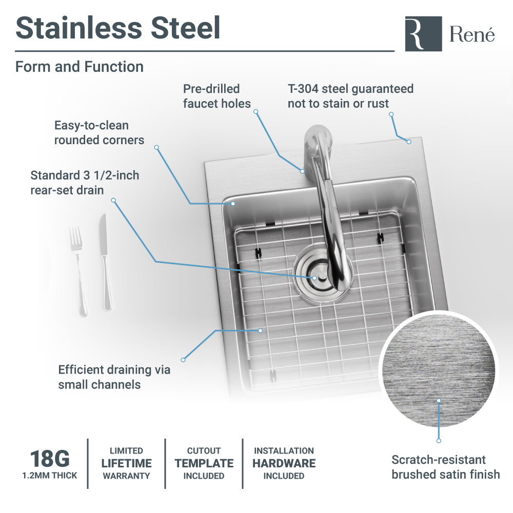 Rene 17" Stainless Steel Kitchen Sink, 18 Gauge, R1-2038-18 - The Sink Boutique