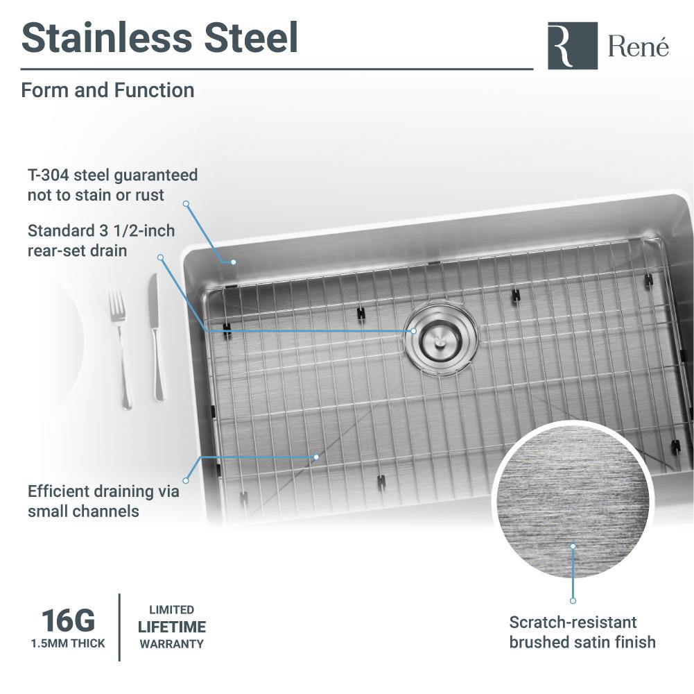 Rene 33" Stainless Steel Farmhouse Sink, 16 Gauge, R1-3001-16 - The Sink Boutique