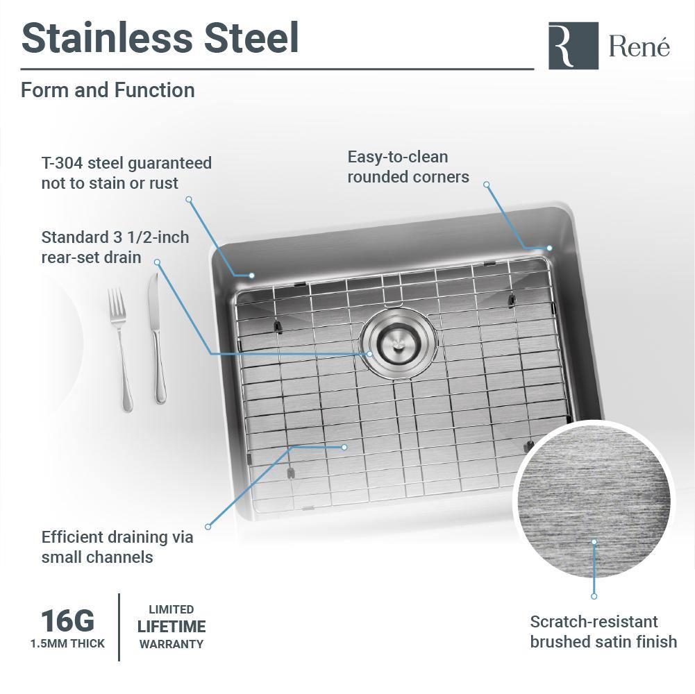 Rene 24" Stainless Steel Farmhouse Sink, 16 Gauge, R1-3004-16 - The Sink Boutique