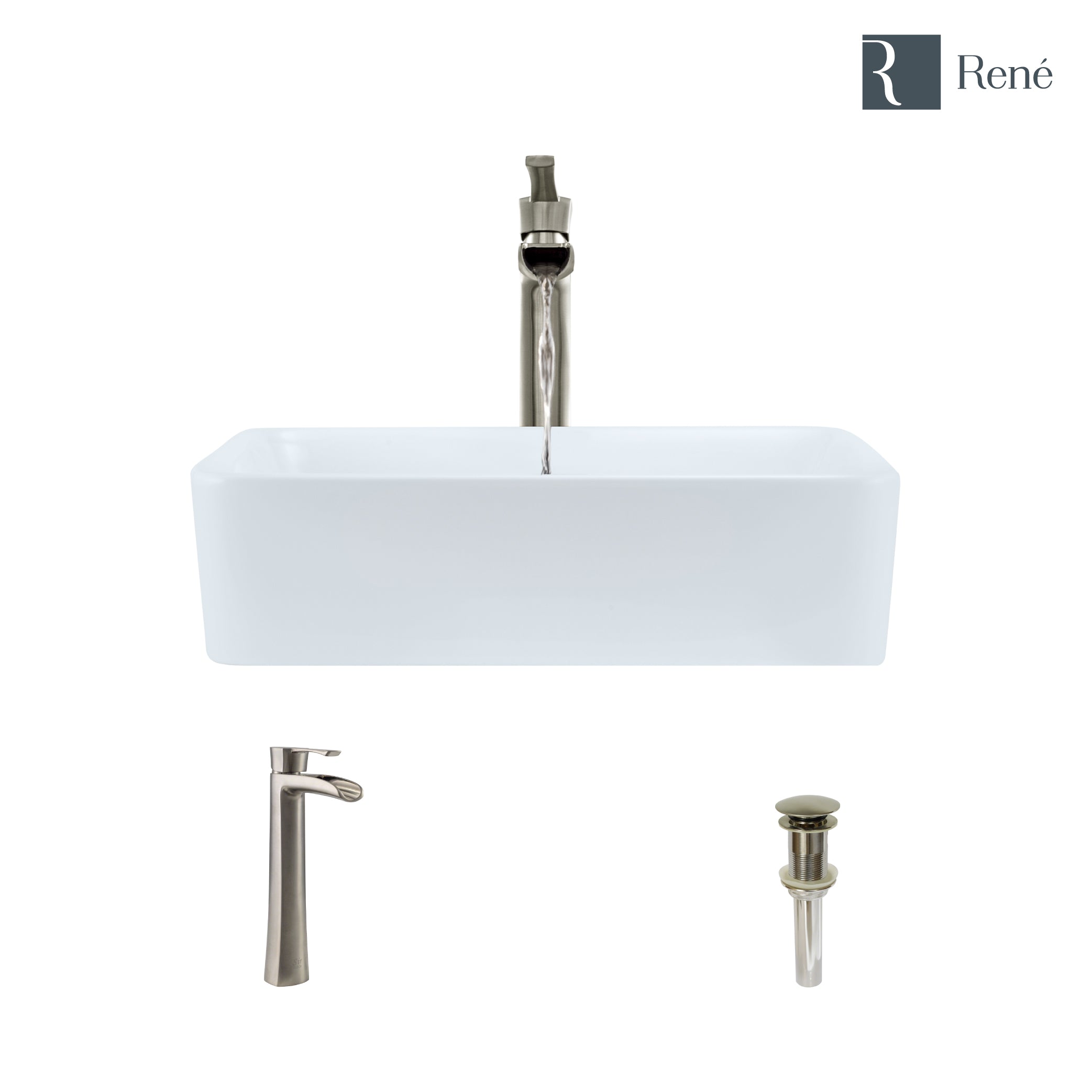 Rene 19" Rectangle Porcelain Bathroom Sink, White, with Faucet, R2-5007-W-R9-7007-BN