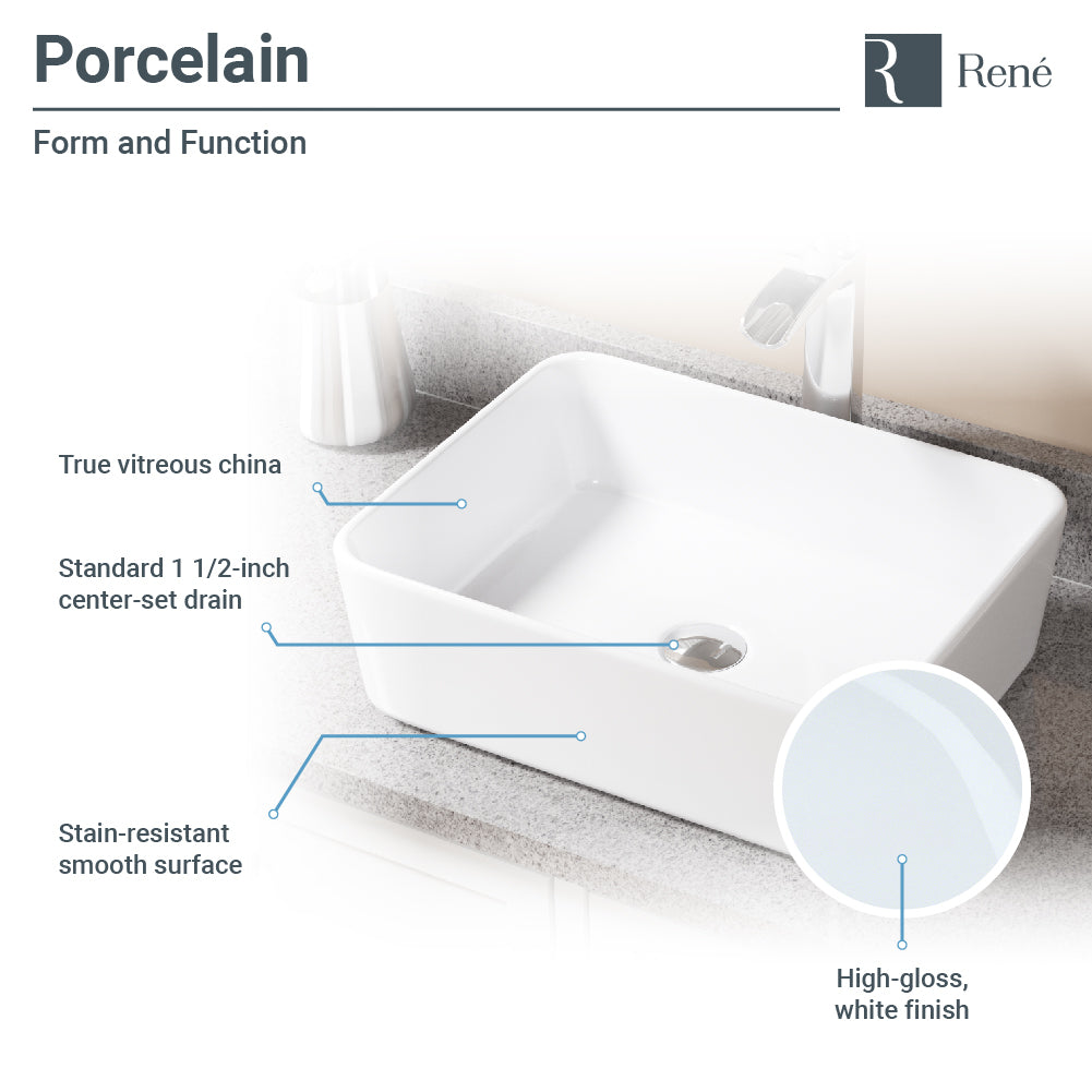Rene 19" Rectangle Porcelain Bathroom Sink, White, with Faucet, R2-5007-W-R9-7007-C - The Sink Boutique