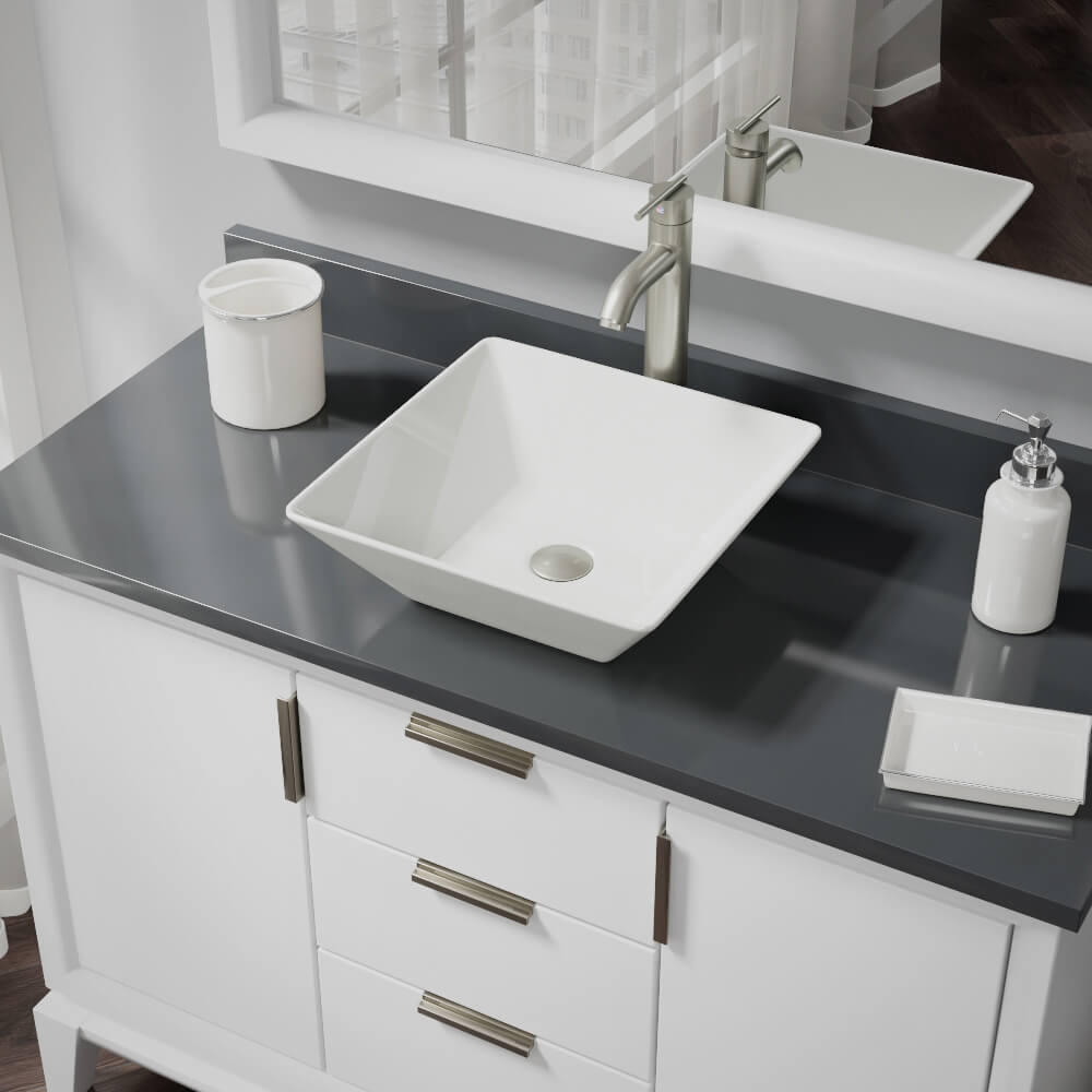 Alternate Image for Rene 16" Square Porcelain Bathroom Sink, Biscuit, with Faucet, R2-5010-B-R9-7001-BN