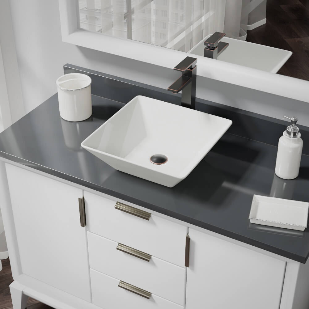 Alternate Image for Rene 16" Square Porcelain Bathroom Sink, Biscuit, with Faucet, R2-5010-B-R9-7003-ABR