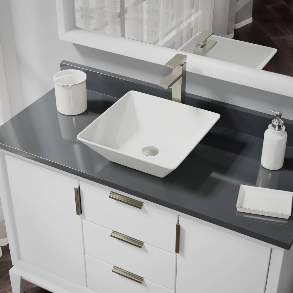 Alternate Image for Rene 16" Square Porcelain Bathroom Sink, Biscuit, with Faucet, R2-5010-B-R9-7003-BN