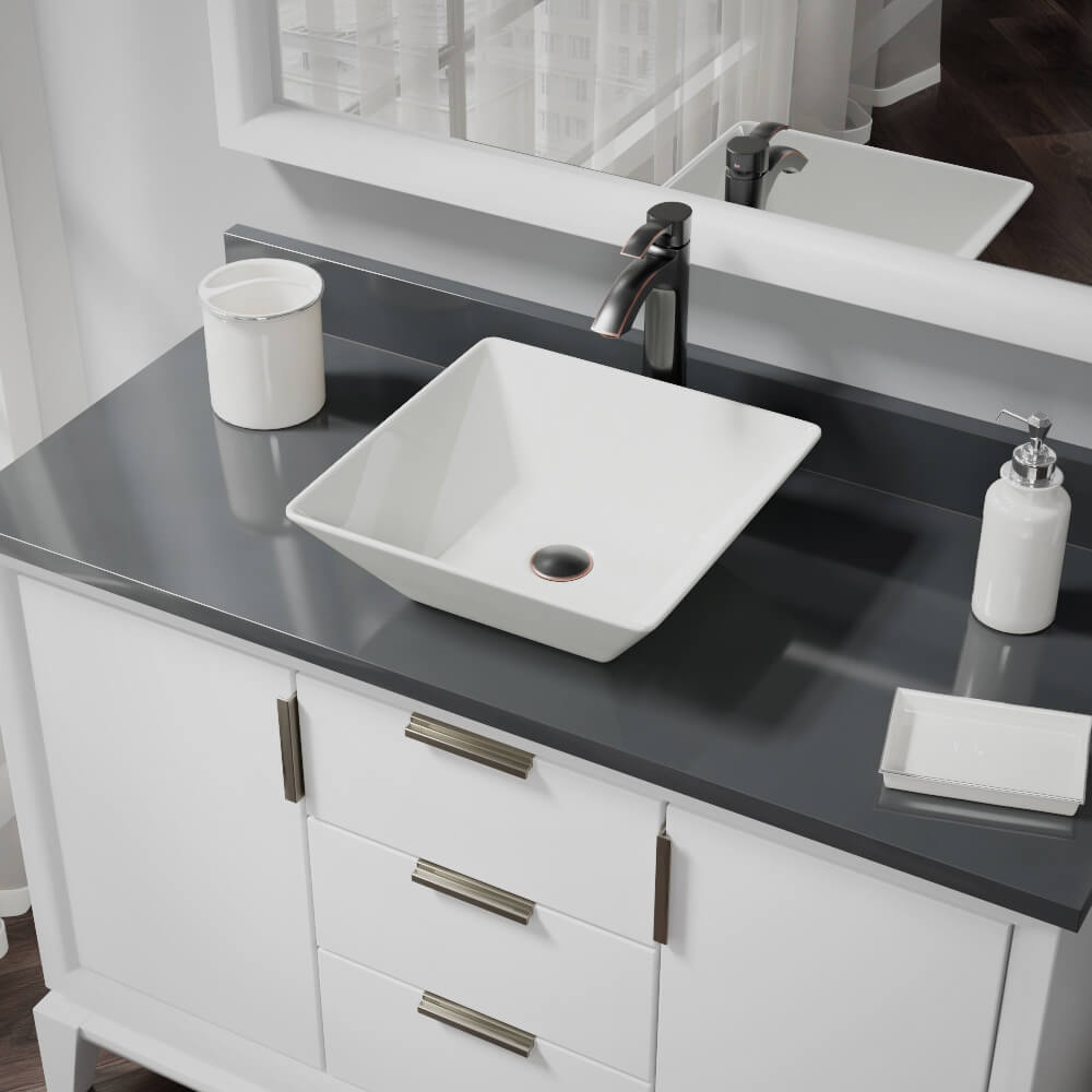 Alternate Image for Rene 16" Square Porcelain Bathroom Sink, Biscuit, with Faucet, R2-5010-B-R9-7006-ABR