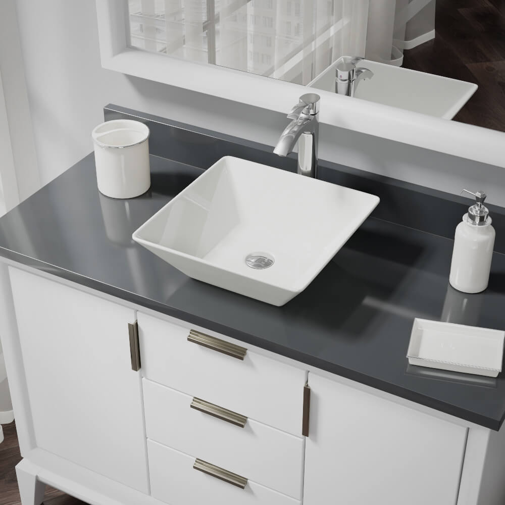 Alternate Image for Rene 16" Square Porcelain Bathroom Sink, Biscuit, with Faucet, R2-5010-B-R9-7006-C