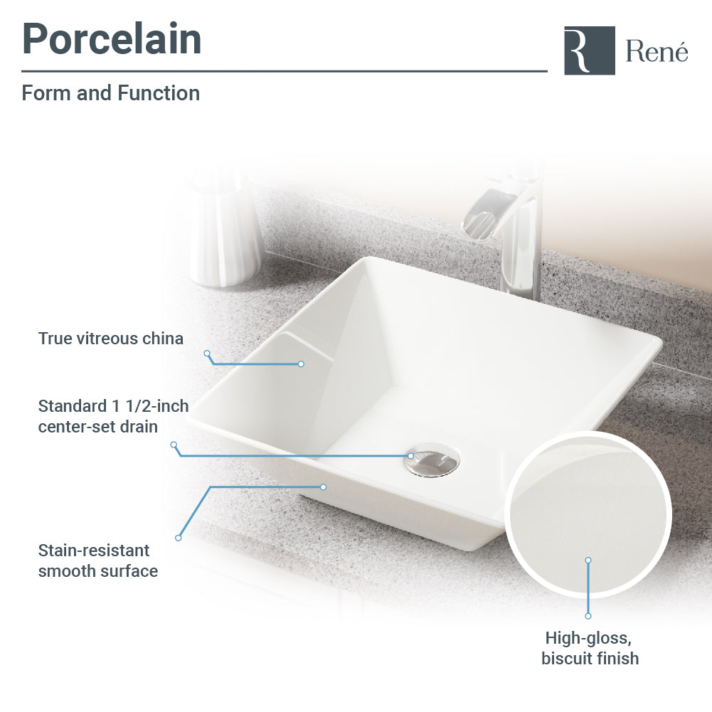 Alternate Image for Rene 16" Square Porcelain Bathroom Sink, Biscuit, with Faucet, R2-5010-B-R9-7007-ABR