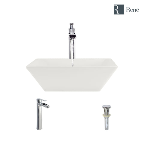 Rene 16" Square Porcelain Bathroom Sink, Biscuit, with Faucet, R2-5010-B-R9-7007-C