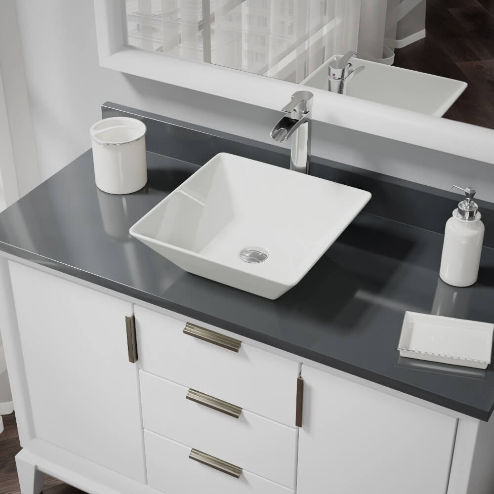 Alternate Image for Rene 16" Square Porcelain Bathroom Sink, Biscuit, with Faucet, R2-5010-B-R9-7007-C