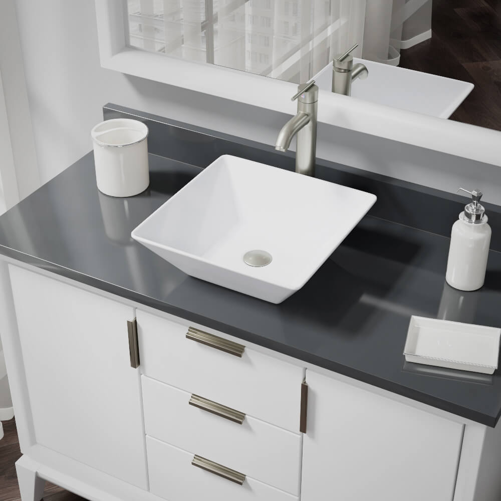 Alternate Image for Rene 16" Square Porcelain Bathroom Sink, White, with Faucet, R2-5010-W-R9-7001-BN