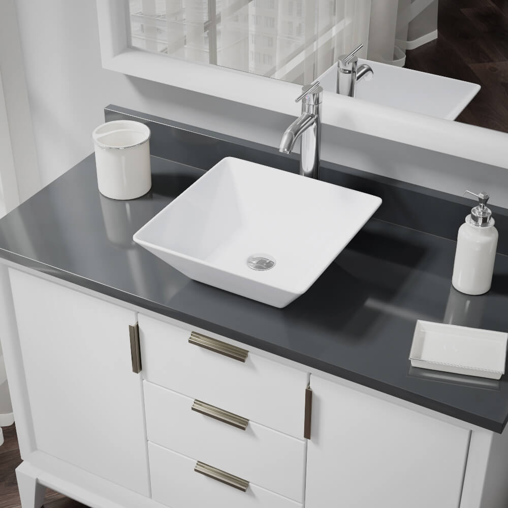 Alternate Image for Rene 16" Square Porcelain Bathroom Sink, White, with Faucet, R2-5010-W-R9-7001-C