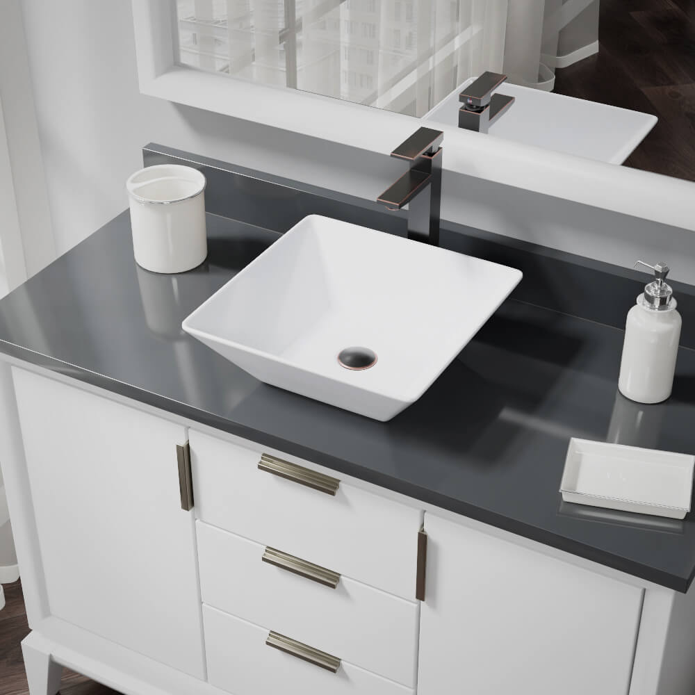 Alternate Image for Rene 16" Square Porcelain Bathroom Sink, White, with Faucet, R2-5010-W-R9-7003-ABR