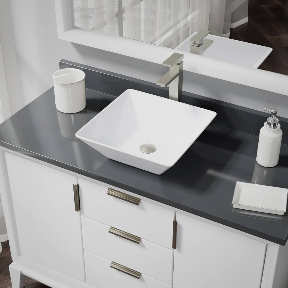 Alternate Image for Rene 16" Square Porcelain Bathroom Sink, White, with Faucet, R2-5010-W-R9-7003-BN