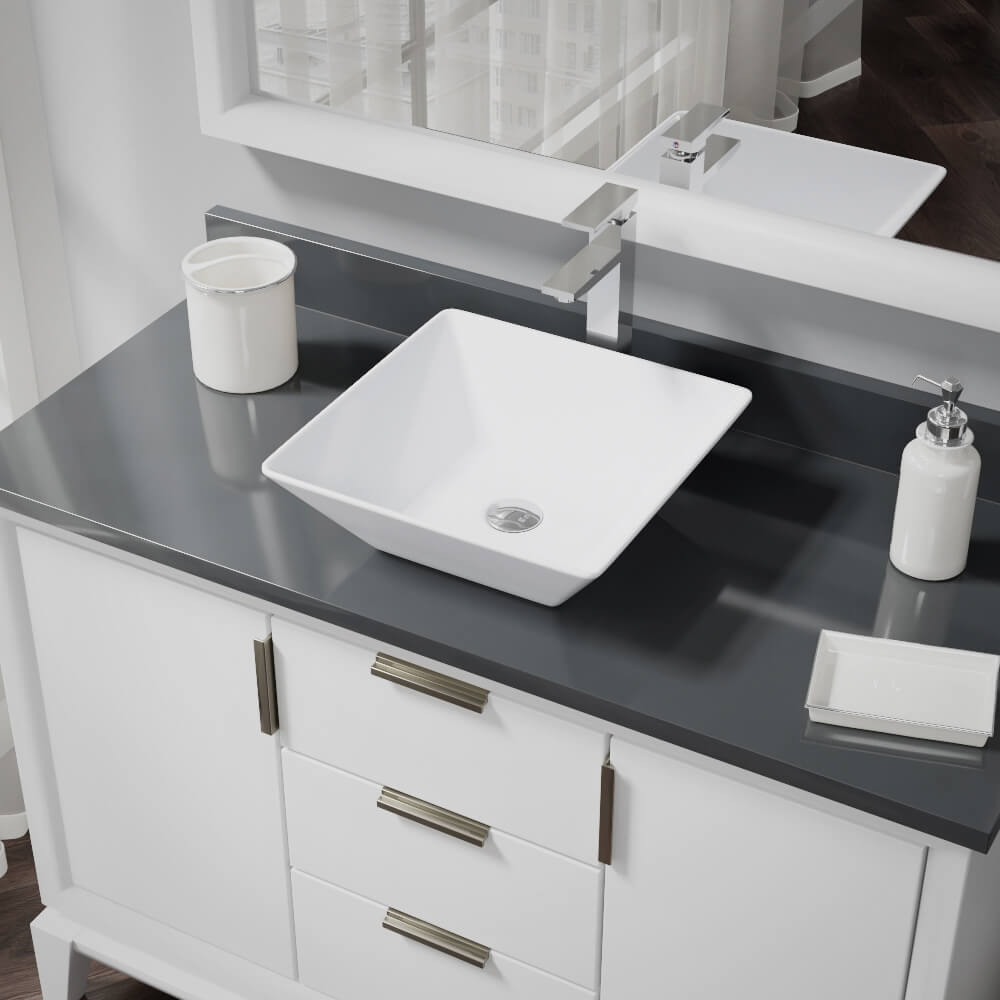 Alternate Image for Rene 16" Square Porcelain Bathroom Sink, White, with Faucet, R2-5010-W-R9-7003-C
