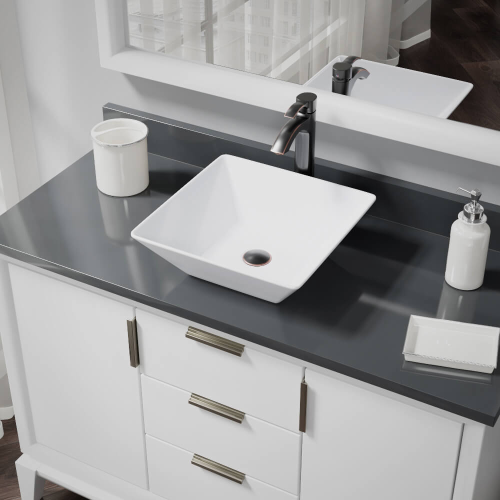 Alternate Image for Rene 16" Square Porcelain Bathroom Sink, White, with Faucet, R2-5010-W-R9-7006-ABR