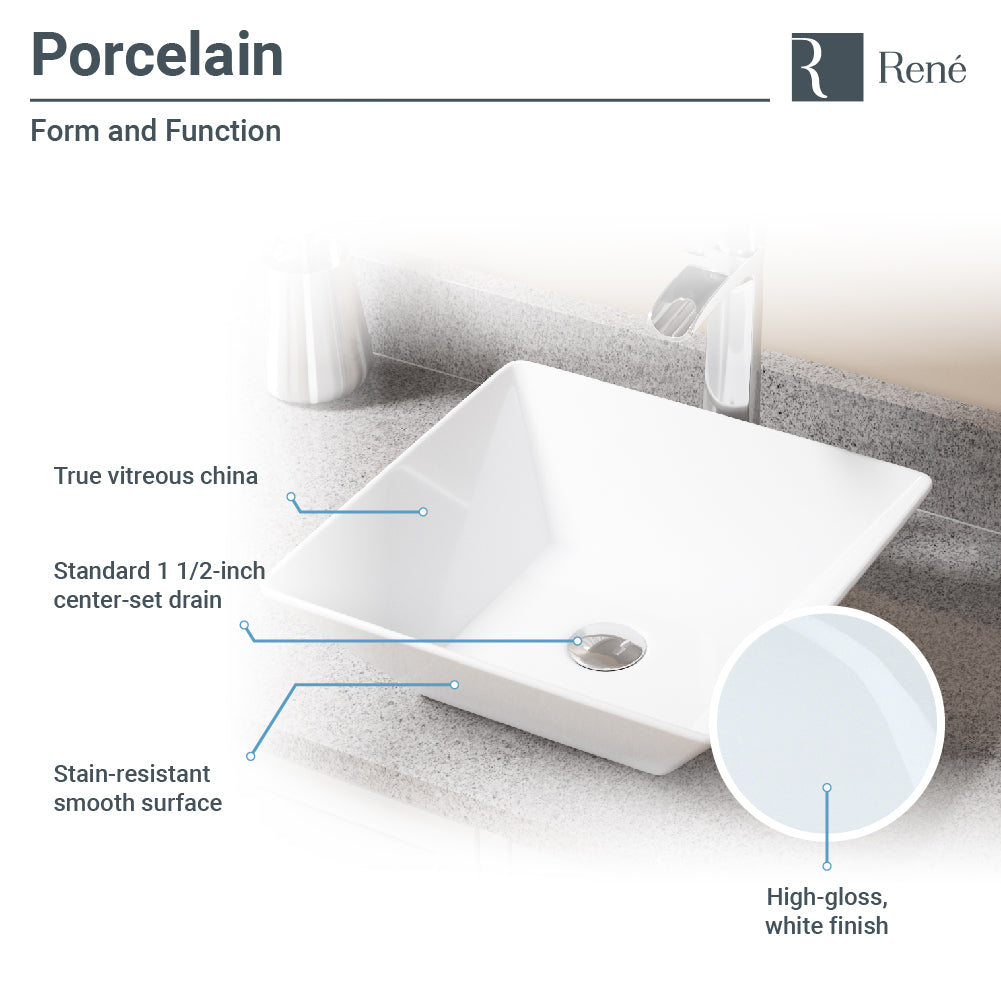 Rene 16" Square Porcelain Bathroom Sink, White, with Faucet, R2-5010-W-R9-7006-C - The Sink Boutique